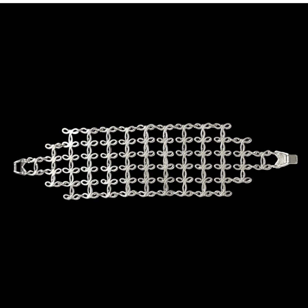 Vintage Chain Link Cuff Bracelet Silver Tone 2” Wide Lacy Metal Unique Jewelry